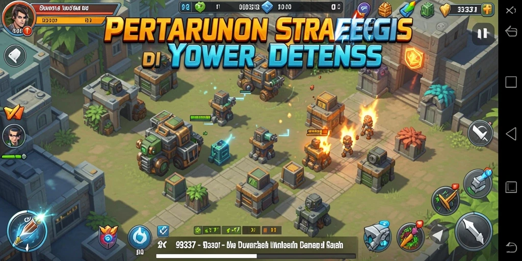 Tampilan menara yang strategis dan gelombang musuh dalam 93337 Tower Defense.
