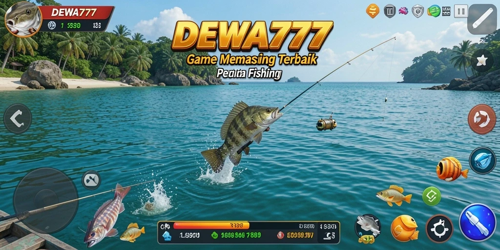 Screenshot gameplay DEWA777 menunjukkan aksi seru memancing di lokasi indah.