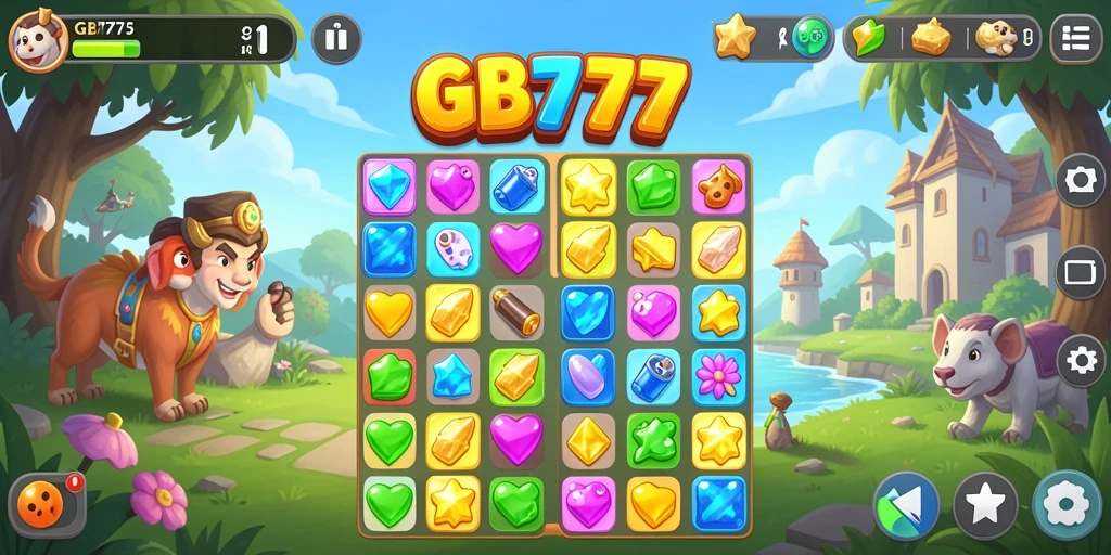 Screenshot GB777 menampilkan gameplay Match-3 yang seru dan penuh warna.