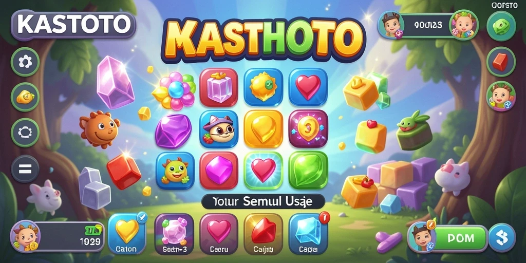 Screenshot utama KASTOTO menampilkan gameplay Match-3 yang seru dan penuh warna.