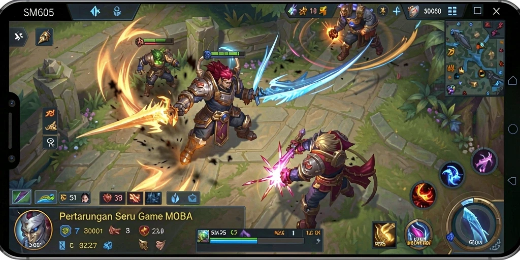 Tampilan gameplay MOBA yang mendebarkan di SM605.