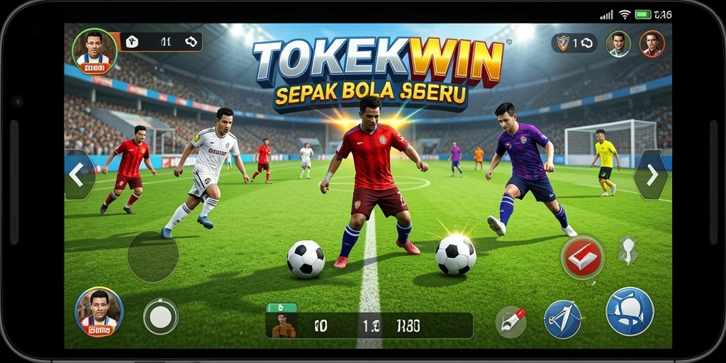 Tangkapan layar gameplay TOKEKWIN penuh aksi sepak bola.