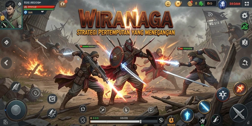Screenshot gameplay WIRANAGA menunjukkan pertempuran strategi yang intens.